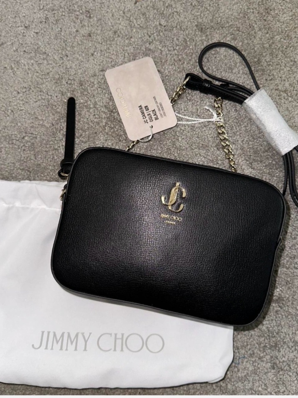 Jimmy Choo Black Leather Camera Bag with Gold JC Emblem